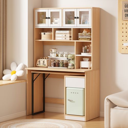 Bureau D'angle 110*55*180cm, 4 Portes, Tiroir, 6 Niche, Plateau Pivotant, Mdf, Couleur Bois Et Blanc