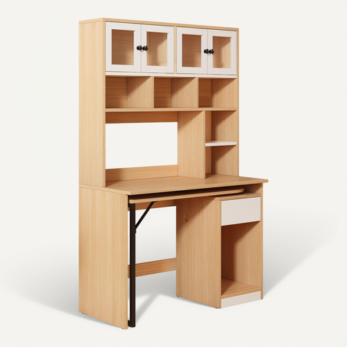 Bureau D'angle 110*55*180cm, 4 Portes, Tiroir, 6 Niche, Plateau Pivotant, Mdf, Couleur Bois Et Blanc