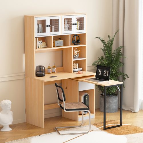 Bureau D'angle 110*55*180cm, 4 Portes, Tiroir, 6 Niche, Plateau Pivotant, Mdf, Couleur Bois Et Blanc