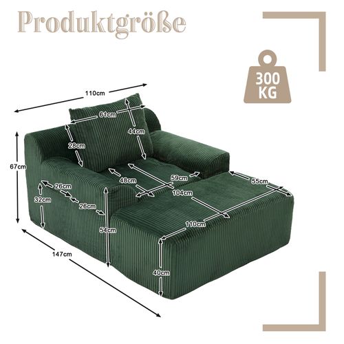 Fauteuil 147x110x67cm, Poche Latéral, Repose-pied, Base à Ressort, Velours Côtelé, Vert