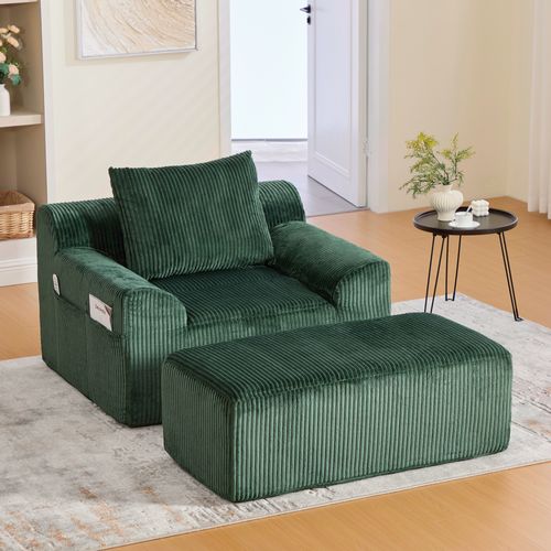 Fauteuil 147x110x67cm, Poche Latéral, Repose-pied, Base à Ressort, Velours Côtelé, Vert