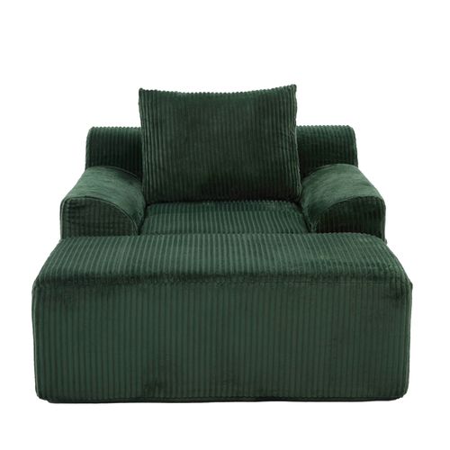 Fauteuil 147x110x67cm, Poche Latéral, Repose-pied, Base à Ressort, Velours Côtelé, Vert