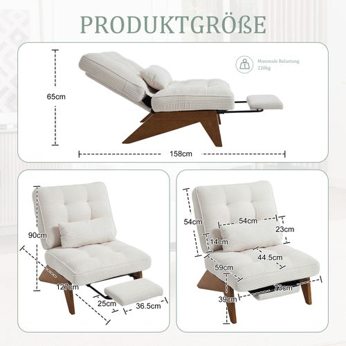 Chaise Longue 127x73x90cm, Pieds En Bois, Dossier Réglable, Coussin Lombaire, Velours Côtelé Beige