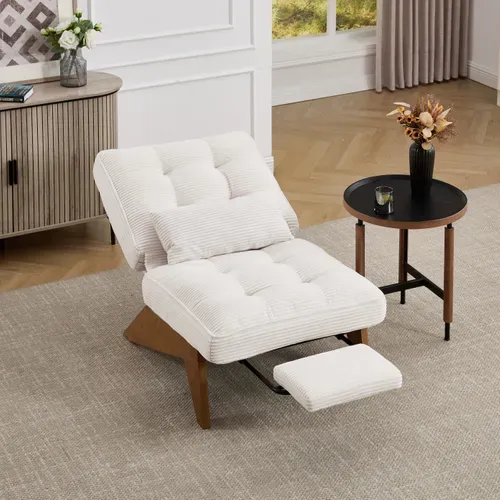 Chaise Longue 127x73x90cm, Pieds En Bois, Dossier Réglable, Coussin Lombaire, Velours Côtelé Beige