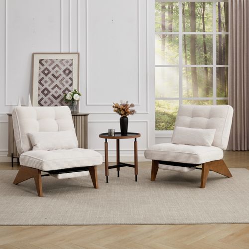 Chaise Longue 127x73x90cm, Pieds En Bois, Dossier Réglable, Coussin Lombaire, Velours Côtelé Beige