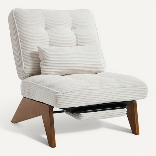 Chaise Longue 127x73x90cm, Pieds En Bois, Dossier Réglable, Coussin Lombaire, Velours Côtelé Beige