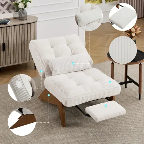 Chaise Longue 127x73x90cm, Pieds En Bois, Dossier Réglable, Coussin Lombaire, Velours Côtelé Beige