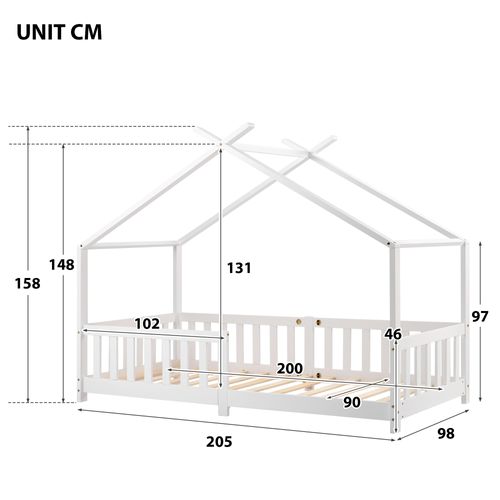 Lit Cabane Enfant 90×200 Cm, Lit Simple Avec Barrière De Sécurité Et Sommier, Pin Blanc
