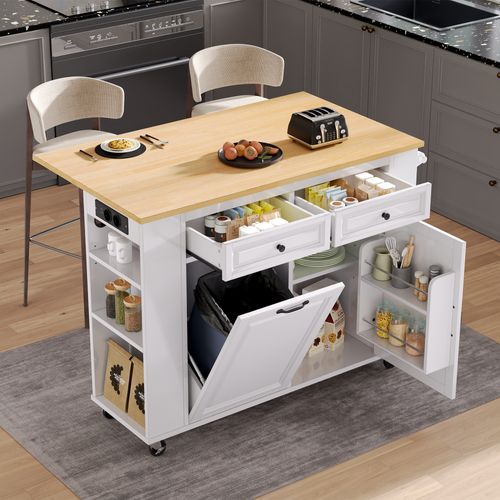 Îlot De Cuisine Avec Roulettes, 120x70x92 Cm,1 Compartiment Pour Poubelle, 1 Multiprise,mdf Blanc