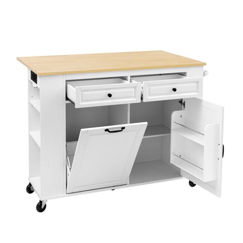 Îlot De Cuisine Avec Roulettes, 120x70x92 Cm,1 Compartiment Pour Poubelle, 1 Multiprise,mdf Blanc