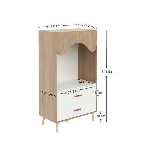Armoire Enfant 2 Tiroirs Avec Tringle Métallique, Range-vêtements, Rangement Ouvert