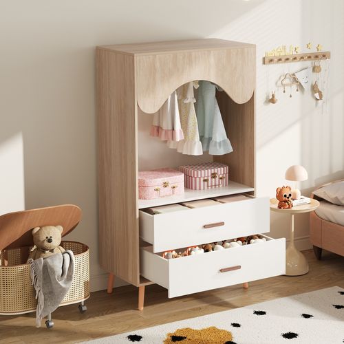 Armoire Enfant 2 Tiroirs Avec Tringle Métallique, Range-vêtements, Rangement Ouvert