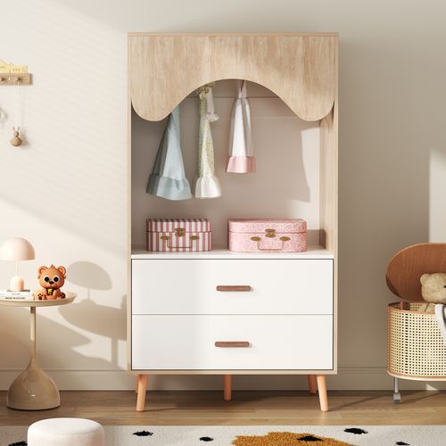Armoire Enfant 2 Tiroirs Avec Tringle Métallique, Range-vêtements, Rangement Ouvert