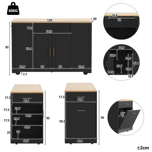 Desserte Noire, Îlot De Cuisine 120x50x92 Cm Avec Plan De Travail Bois Et Poubelle Intégrée