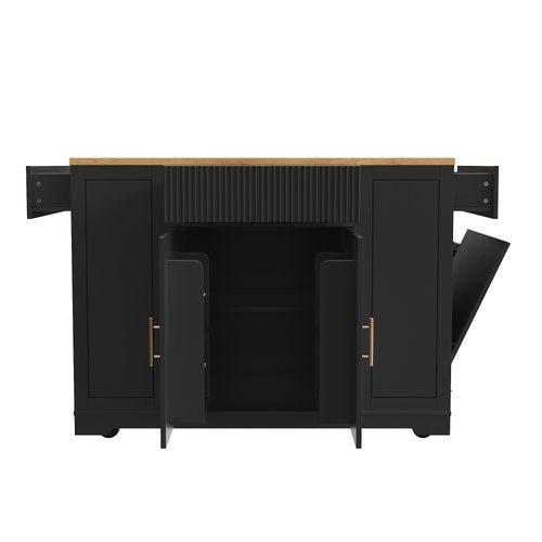 Desserte Noire, Îlot De Cuisine 120x50x92 Cm Avec Plan De Travail Bois Et Poubelle Intégrée