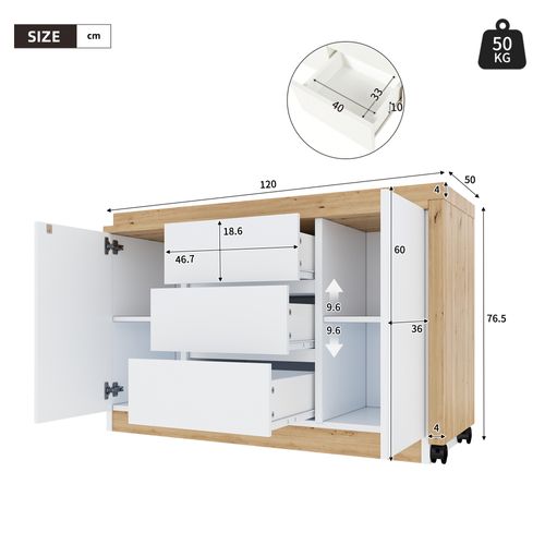Bureau Pliant 360° Blanc Et Chêne 120x50x76,5 Cm Avec 3 Tiroirs Et Rangement