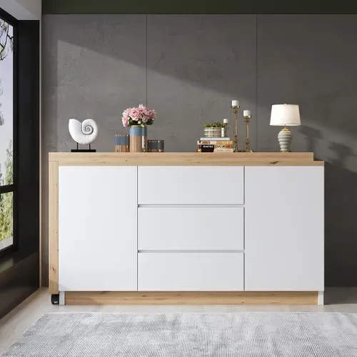 Bureau Pliant 360° Blanc Et Chêne 120x50x76,5 Cm Avec 3 Tiroirs Et Rangement