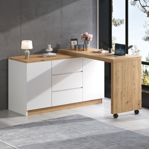 Bureau Pliant 360° Blanc Et Chêne 120x50x76,5 Cm Avec 3 Tiroirs Et Rangement