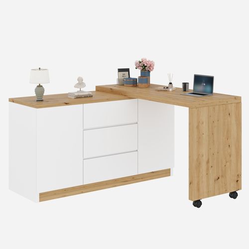 Bureau Pliant 360° Blanc Et Chêne 120x50x76,5 Cm Avec 3 Tiroirs Et Rangement