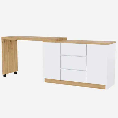 Bureau Pliant 360° Blanc Et Chêne 120x50x76,5 Cm Avec 3 Tiroirs Et Rangement