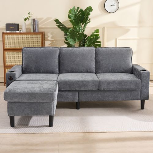 Canapé D'angle 3 Places - Modulable - Ports USB/type-c - Porte-boissons - Lin - Gris