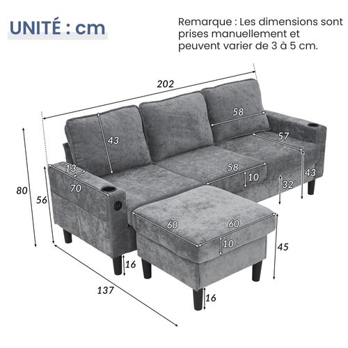 Canapé D'angle 3 Places - Modulable - Ports USB/type-c - Porte-boissons - Lin - Gris