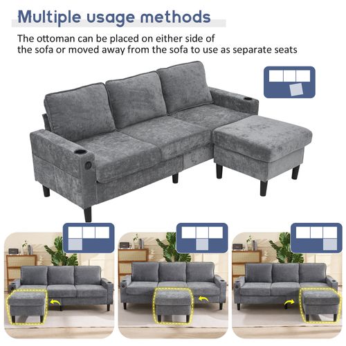 Canapé D'angle 3 Places - Modulable - Ports USB/type-c - Porte-boissons - Lin - Gris