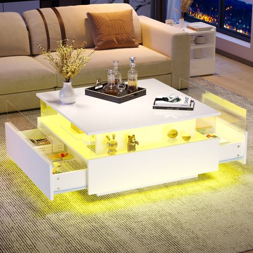 Table Basse 70x70x41cm, Finition Brillant, 2 Tiroirs, LED Intelligent, Stockage Creux, Pb, Blanc