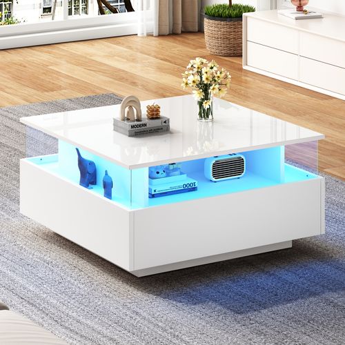 Table Basse 70x70x41cm, Finition Brillant, 2 Tiroirs, LED Intelligent, Stockage Creux, Pb, Blanc