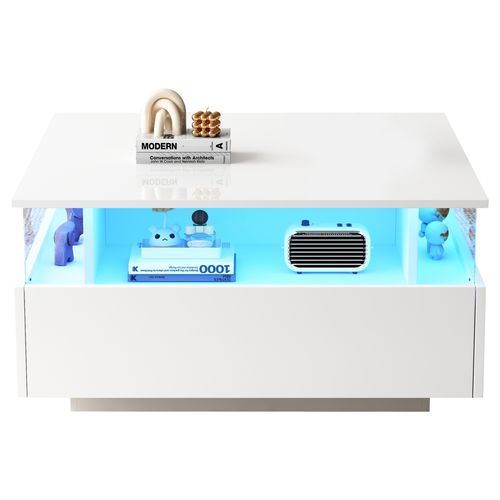 Table Basse 70x70x41cm, Finition Brillant, 2 Tiroirs, LED Intelligent, Stockage Creux, Pb, Blanc