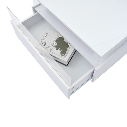 Table Basse 70x70x41cm, Finition Brillant, 2 Tiroirs, LED Intelligent, Stockage Creux, Pb, Blanc