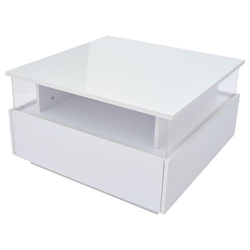 Table Basse 70x70x41cm, Finition Brillant, 2 Tiroirs, LED Intelligent, Stockage Creux, Pb, Blanc
