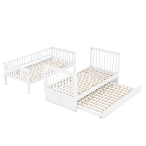Lit Superposé 90x200cm, Lit Gigogne, 3 Couchages, Barrières Et échelle De Sécurité, Pin, Mdf, Blanc