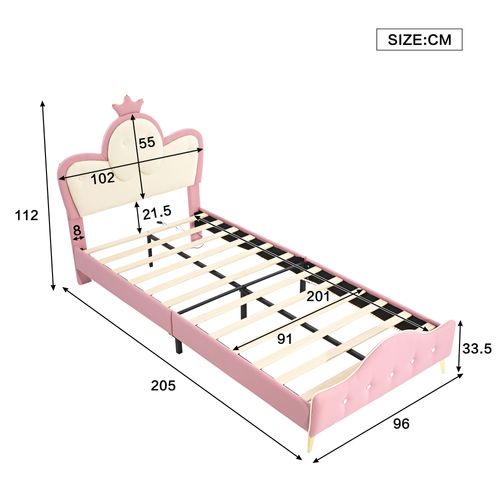 Lit Enfent 90x200cm Avec LED, Tête De Lit Design Couronne, Pieds En Métal, Mdf+pu, Blanc+rose