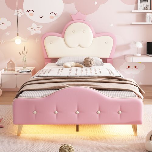 Lit Enfent 90x200cm Avec LED, Tête De Lit Design Couronne, Pieds En Métal, Mdf+pu, Blanc+rose