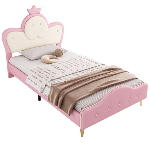 Lit Enfent 90x200cm Avec LED, Tête De Lit Design Couronne, Pieds En Métal, Mdf+pu, Blanc+rose