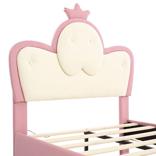 Lit Enfent 90x200cm Avec LED, Tête De Lit Design Couronne, Pieds En Métal, Mdf+pu, Blanc+rose