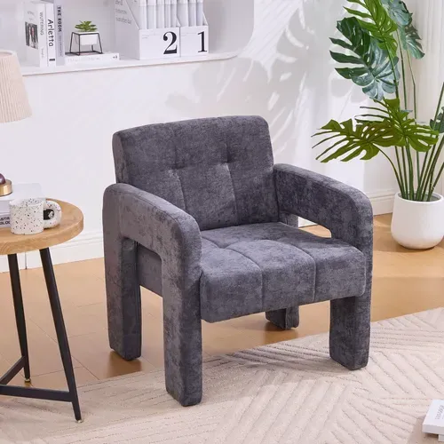 Fauteuil Fixe Moderne, Accoudoirs, Assise Moelleuse Chenille Et Mousse, Design Nordique, Gris