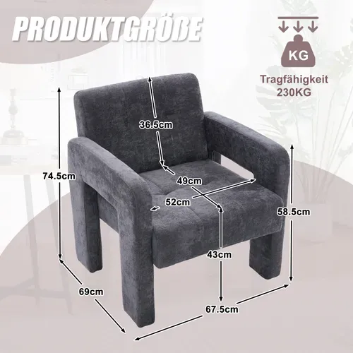 Fauteuil Fixe Moderne, Accoudoirs, Assise Moelleuse Chenille Et Mousse, Design Nordique, Gris