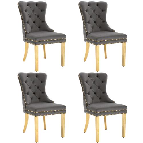 Lot De 4 Chaises Salle à Manger, Dossier Anneau, Assise Velours, Structure Métal, Gris