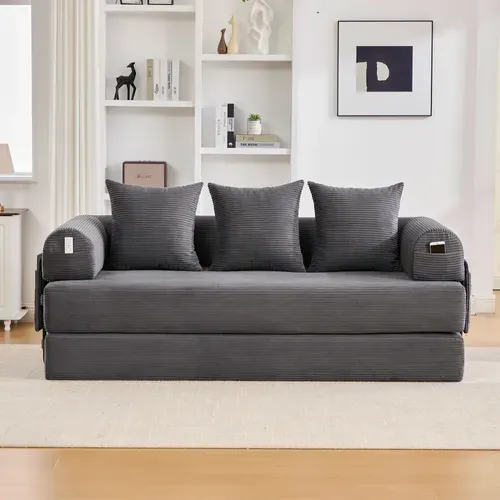 Canapé Convertible 3 Places Avec 3 Coussins Et Poche Latérale - Velours Côtelé Gris Foncé