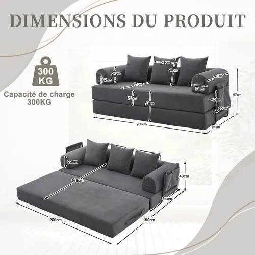 Canapé Convertible 3 Places Avec 3 Coussins Et Poche Latérale - Velours Côtelé Gris Foncé