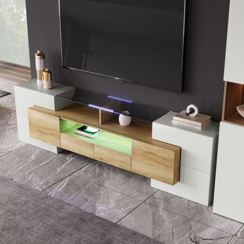 Meuble TV 200 Cm Avec LED Et Plateau En Verre, Design Moderne, Mdf, Naturel Et Blanc