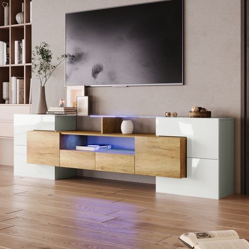 Meuble TV 200 Cm Avec LED Et Plateau En Verre, Design Moderne, Mdf, Naturel Et Blanc