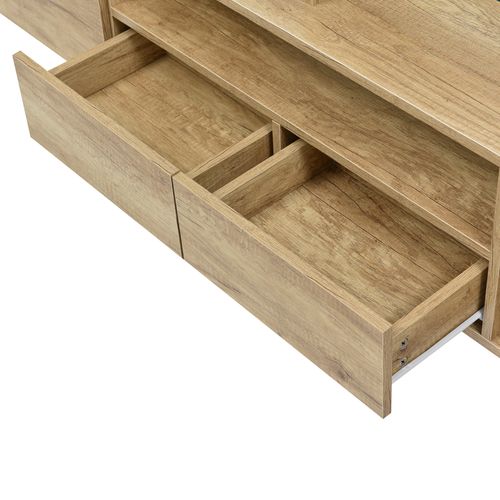 Meuble TV 200 Cm Avec LED Et Plateau En Verre, Design Moderne, Mdf, Naturel Et Blanc