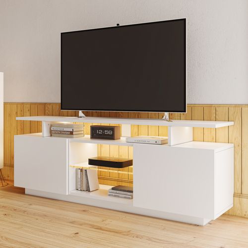 Meuble TV Moderne Avec LED Multicolores - 2 Portes, 5 Espaces De Rangement, USB, Blanc Brillant