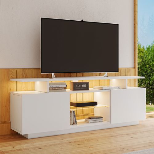 Meuble TV Moderne Avec LED Multicolores - 2 Portes, 5 Espaces De Rangement, USB, Blanc Brillant