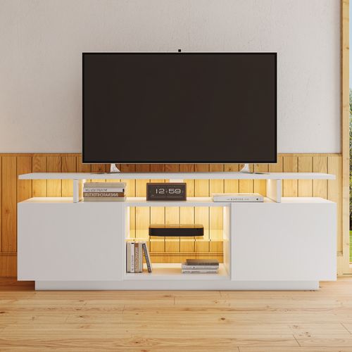 Meuble TV Moderne Avec LED Multicolores - 2 Portes, 5 Espaces De Rangement, USB, Blanc Brillant