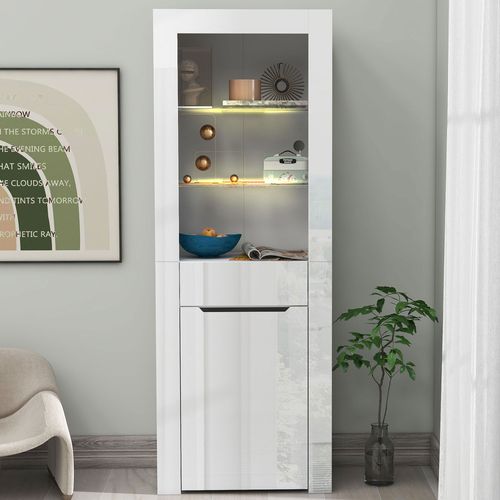 Vitrine Moderne Avec 1 Placard, 1 Tiroir Et 2 Étagères, Structure En Panneau De Particules, Blanc