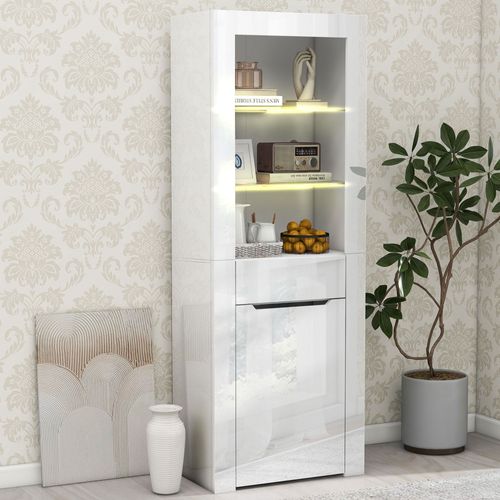 Vitrine Moderne Avec 1 Placard, 1 Tiroir Et 2 Étagères, Structure En Panneau De Particules, Blanc